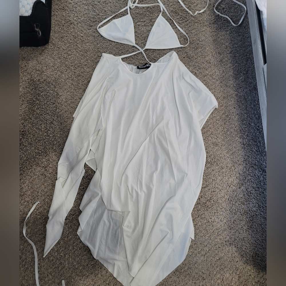 Dolls Kill Darker Wavs Echo Asymmetrical Strappy Dress White Mesh Bell Sleeves M - Picture 4 of 9